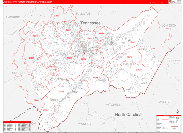 Johnson City Metro Area Wall Map Red Line Style